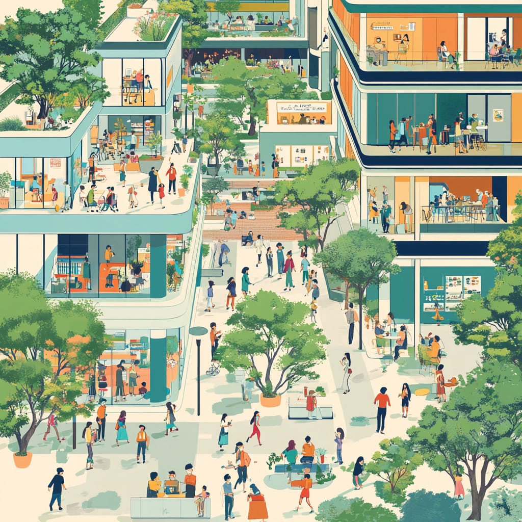 Illustration of a vibrant community space with people in buildings, shops, and outdoor areas.